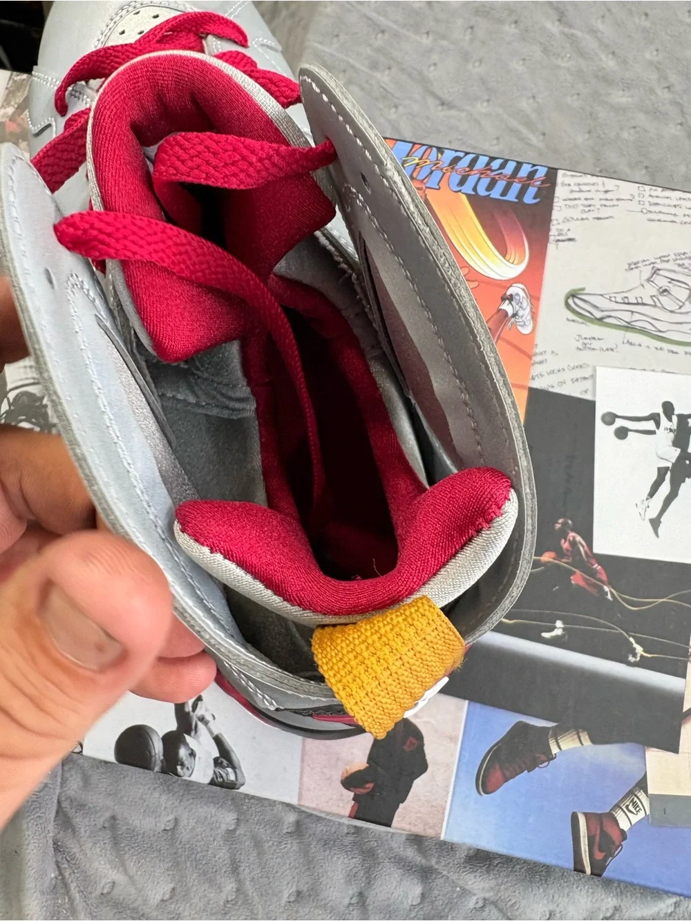 Jordan Men's Silver Sneakers with Red and Gold Accents